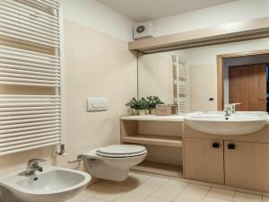 Un baño con inodoro, lavabo y espejo. en Residenze Holiday Park by Halldis, en Ponte di Legno 100 fotos más