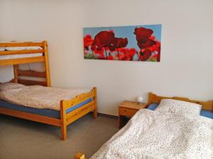 ディゼンティスにあるApartment Utoring Acletta-150 by Interhomeのベッドルーム1室(二段ベッド2組付)が備わります。赤い花の絵画が飾られています。
