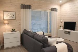 - un salon avec un canapé et une télévision dans l'établissement Villa Lakia, à Syöte