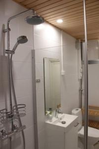 W łazience znajduje się prysznic i umywalka. w obiekcie Villa Lakia w mieście Syöte