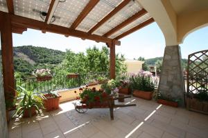 a patio with potted plants on a balcony at Agriturismo Ticci in Seùlo
