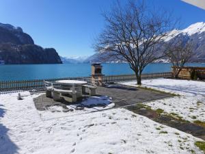 a picnic table in the snow next to a lake at Holiday Home Chalet Aaregg by Interhome in Brienz