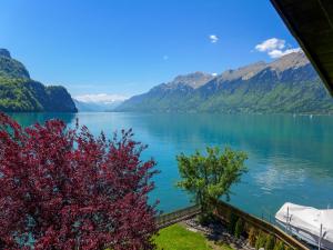 a view of a lake with mountains in the background at Holiday Home Chalet Aaregg by Interhome in Brienz