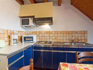 ミミザン・プラージュにあるHoliday Home Sicard-2 by Interhomeのキッチン(青いキャビネット、シンク、電子レンジ付)