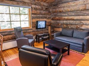 ein Wohnzimmer mit Möbeln und einem TV in einem Blockhaus in der Unterkunft Holiday Home Pajuruka 2 a 1 by Interhome in Ruka