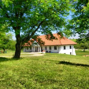 a white house with an orange roof and a tree at Gościniec Husarski in Sandomierz
