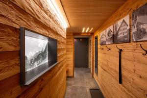 een televisie aan een muur in een kamer met houten wanden bij Alpenloft Mereine in Oy-Mittelberg