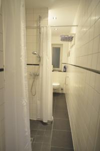 een badkamer met een douche, een toilet en een douchegordijn bij Ferienwohnungen Apartements Buddestrasse Daberstedt in Erfurt +24 foto's