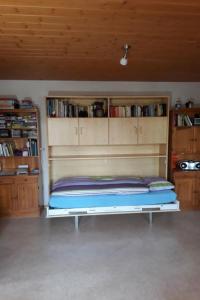 Bett in einem Zimmer mit Bücherregalen in der Unterkunft Apartment Adlerhorst by Interhome in Adelboden