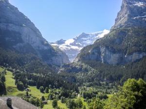 una valle tra le montagne con montagne innevate di Apartment Chalet Almisräba by Interhome a Grindelwald