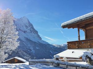 a snow covered cabin with a mountain in the background at Apartment Lohnerhus-1 by Interhome in Grindelwald +11 photos