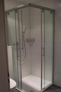 una doccia con cabina in vetro in bagno di Apartment Amici 1- Stock Allegra by Interhome a Riederalp
