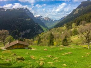 un campo verde con un fienile in mezzo a una montagna di Apartment Chalet Hobelbank by Interhome a Grindelwald