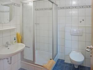 ein Bad mit einer Dusche, einem Waschbecken und einem WC in der Unterkunft Apartment Donau by Interhome in Donaueschingen