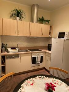 uma cozinha com uma mesa e um frigorífico branco em Schöne Zweiraumwohnung im Zentrum em Aue
