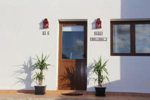 uma porta da frente de uma casa com dois vasos de plantas em Casa Los Molinos em Villaverde