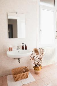 a bathroom with a sink and a mirror and a basket at Dimora Ellen in Padova