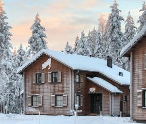 a house covered in snow with trees in the background at Ranua Resort Holiday Villas in Ranua