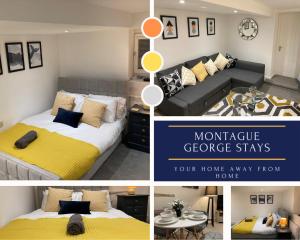 un collage de fotos de una habitación con cama y sofá en THE GARDEN - LONG STAY OFFER - Priv GARDEN, en Strood