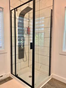 um chuveiro de vidro num canto de um quarto em Le bohémien - Condos Saint-Côme em Saint Come