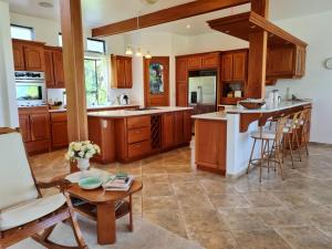 a kitchen with wooden cabinets and a center island at Villa Corazón - private beach at Lake Arenal in Nuevo Arenal