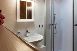 a bathroom with a sink and a shower with a mirror at Ferienhäuser Pannier I und oder II in Gartow +62 photos