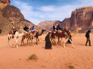 a group of people riding camels in the desert at Wadi Rum Cave Camp &Jeep Tour in Wadi Rum