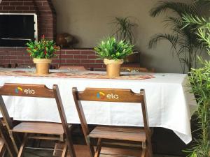 a table with two potted plants on top of it at casa centro historico 5 quartos in Pirenópolis