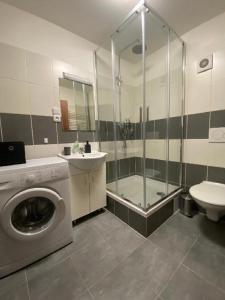 a bathroom with a shower and a washing machine at Apartmány Černý Tulipán 1 in Pilsen