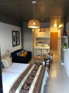 ein Schlafzimmer mit einem Bett und ein Wohnzimmer in der Unterkunft Hermoso y moderno mono ambiente en barrio sur in San Miguel de Tucumán