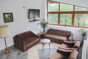 a living room with two couches and a tv at WIlla Maksymilian Bed and Breakfast in Bydgoszcz