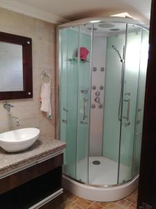 La salle de bains est pourvue d'une douche et d'un lavabo. dans l'établissement VISTALMONTE, à Salento