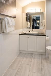 een badkamer met een wastafel, een toilet en een spiegel bij Red Carpet Inn in Banff