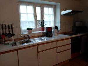 a kitchen counter with a sink and two windows at Turm Hämelmaous in Echternach