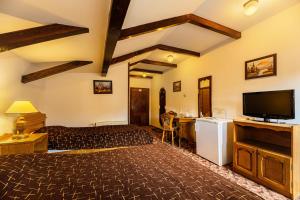 a hotel room with a bed and a flat screen tv at Pension Casa Bradul in Predeal