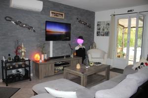 a living room with a couch and a tv on a wall at Philippe & Marie, A louer Petite Chambre chez l'habitant avec terrasse dans Villa, au pied du Luberon in Cucuron