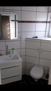 a bathroom with a white toilet and a sink at Bungalow 33 in Tossens in Tossenserdeich