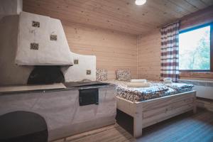 a room with a stove and a bed in a cabin at Старий Млин in Beloberëzka