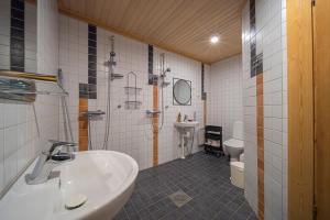 un bagno con lavandino, doccia e WC di Levillas Kätkänkuja 2A a Levi