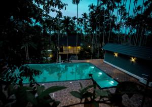a swimming pool in a backyard at night at Wildside Jungle Retreat Wayanad Resort by VOYE HOMES in Wayanad