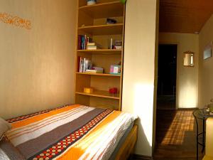 a bedroom with a bed and a book shelf at Ferienwohnung Elisabeth in Burgbernheim