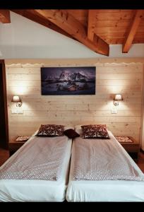 twee bedden in een kamer met houten wanden bij APARTHOTEL STREMBO in Strembo