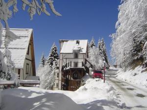 a house covered in snow next to a road at Sirius Club Kopaonik in Kopaonik