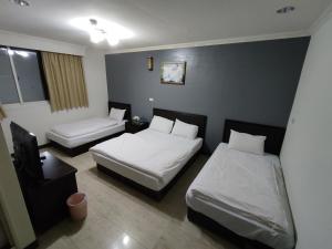 Habitación de hotel con 2 camas y TV en 鴻景山莊民宿 b&B en Juguang