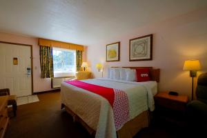 a hotel room with a large bed and a window at Hotel O Eureka Springs - Christ of Ozark Area in Eureka Springs