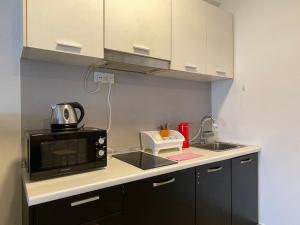 una piccola cucina con forno a microonde e lavandino di The Scott Garden Kuala Lumpur by BeeStay Management a Kuala Lumpur