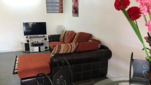 a living room with a couch and a television at Appartement charmant à Sainte-Marie, 55 m², piscine in Sainte-Marie