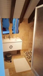 a small bathroom with a sink and a toilet at Villa élégante avec piscine privée au Diamant et vue sur la mer in Le Diamant