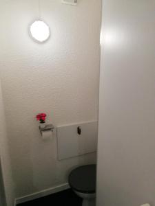 La salle de bains est pourvue de toilettes et d'une lumière sur le mur. dans l'établissement La Plagne Les Coches studio divisible ensoleillé, à La Plagne Tarentaise