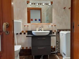 bagno con lavandino, servizi igienici e specchio di Casa Chiara Italia classic free parking a Napoli